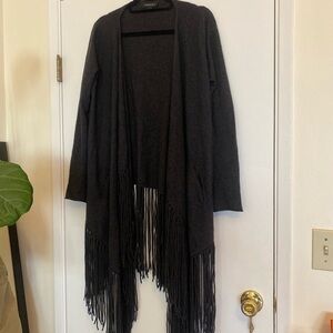 THEPERFEXT Charcoal Cashmere Fringe Cardigan